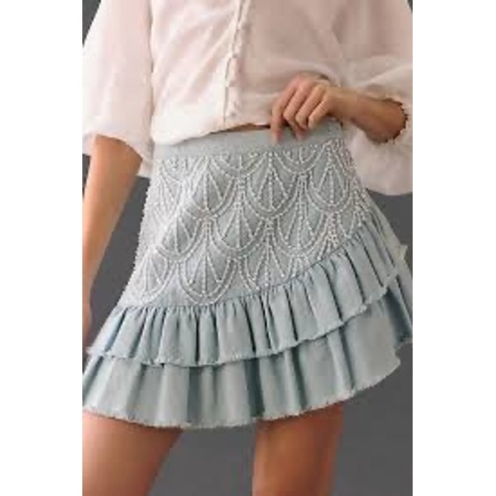 LoveShackFancy Anthropologie Pearl Beaded Denim Light Ruffle Skirt 0 Coquette